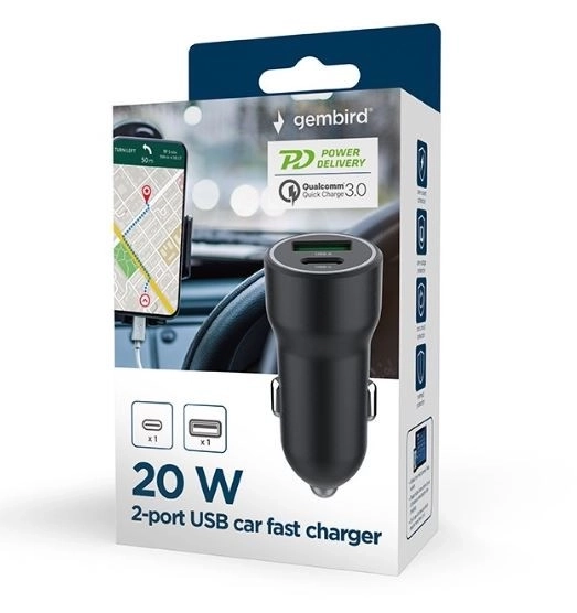 Black Car Charger USB-A/USB-C 20W PD