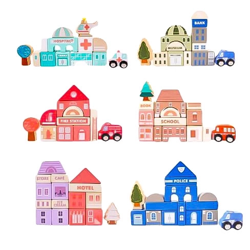 Houten educatieve blokken stad met basis 115 stuks ECOTOYS