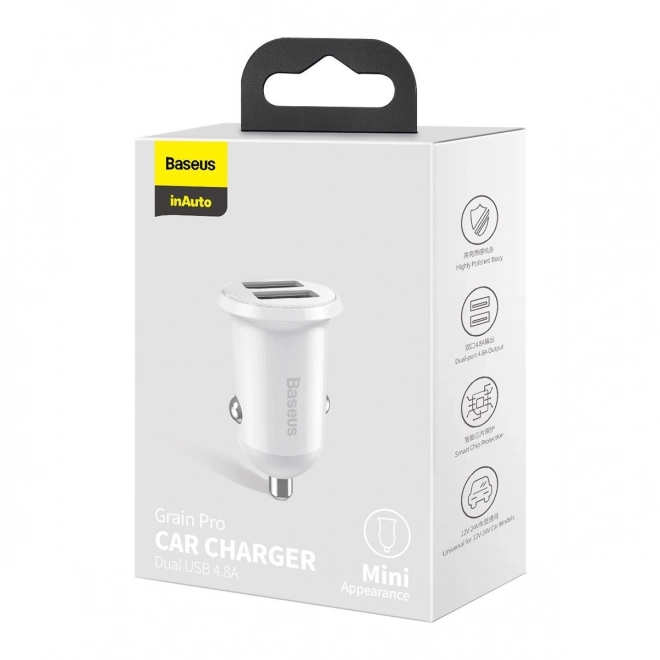 Car Charger 2x USB Baseus, 4.8A, White