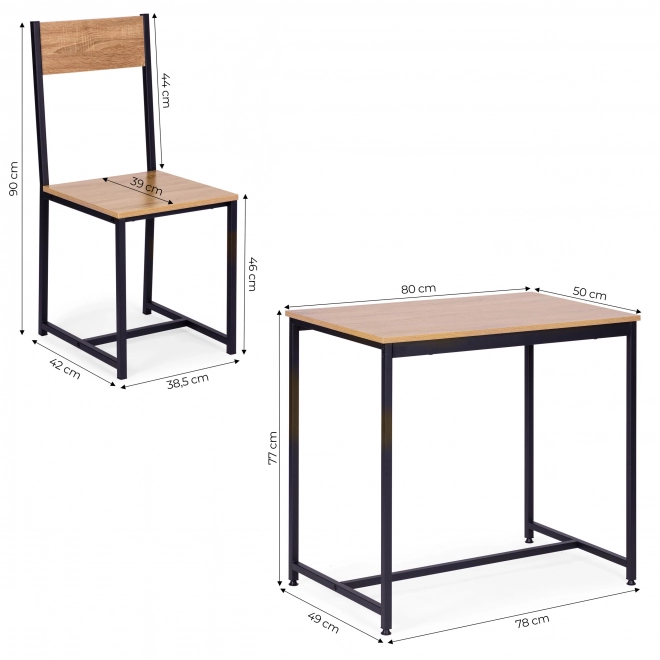 Set meubels: tafel en 2 stoelen van metaal en MDF