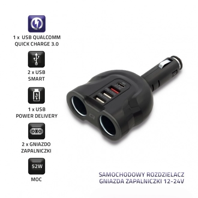 Distribueur sigarettenaansteker 12-24V | 52W | 2,4A | 2xUSB | USB QC 3.0 | USB-C PD | 2x sigarettenaansteker stopcontact