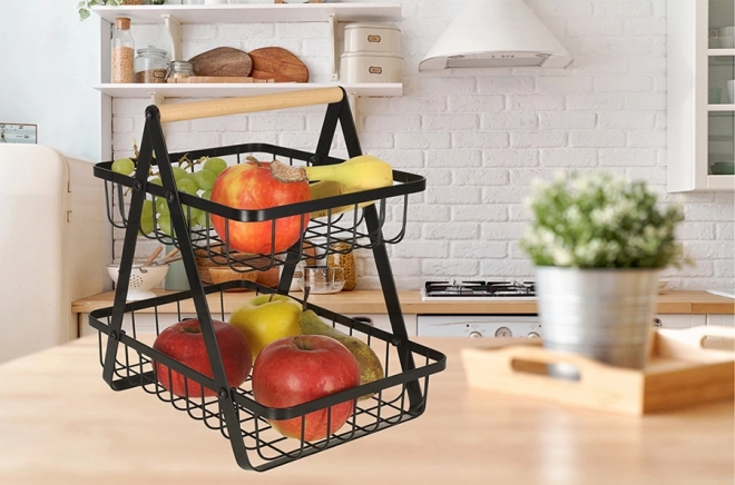 Two-tier Fruit Basket Metal and Wood