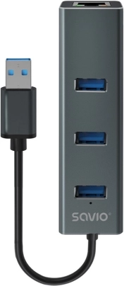Savio USB-A 3.1 Gen 1 Hub mit 3 Ports und RJ‑45 Gigabit‑Ethernet‑Adapter