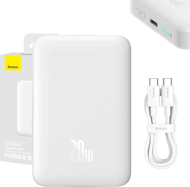 magnetische powerbank Baseus 10000 mAh met draadloos opladen en USB‑C 20 W, wit
