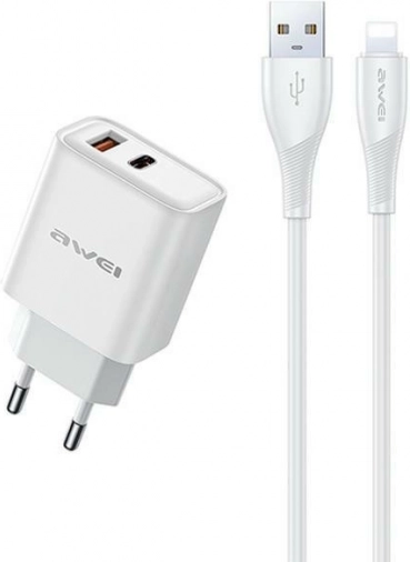 Awei GaN-netlader 22,5 W USB + USB‑C met USB‑A/Lightning‑kabel