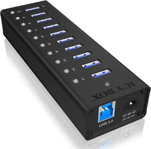 Icy Box actieve 10‑poorts USB 3.0‑hub met aluminium behuizing