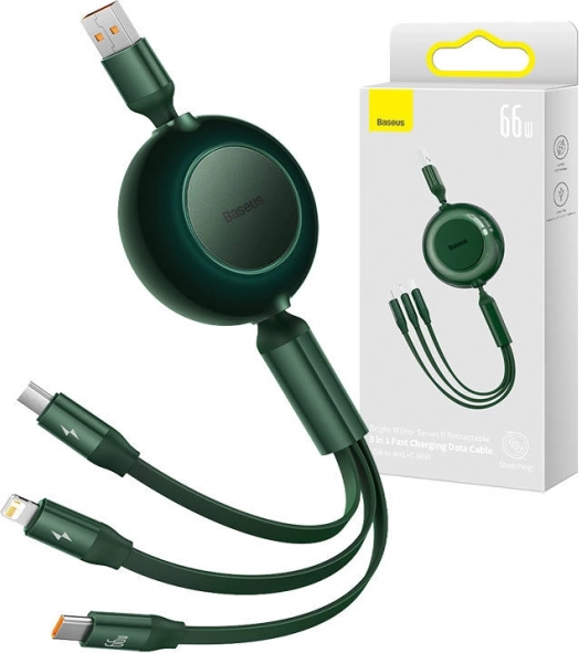 Baseus Bright Mirror 3 USB Cable 3-in-1 for micro USB, USB‑C and Lightning 66W 1.1 m – Green