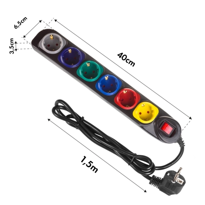 Stroomrail 1,5 m 250VAC/10A MCE509 B 2500 Q, IP20, 6 stopcontacten, nominale stroom 10 A, zwart