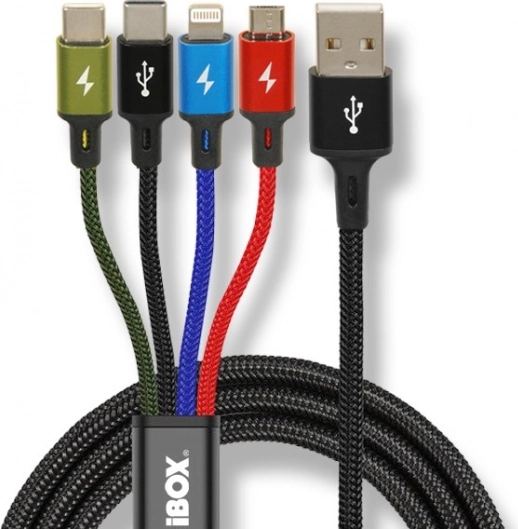 Universal 4‑in‑1 charging cable with USB‑C, micro USB and Lightning, 1.2 m, iBOX