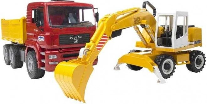 Kiepwagen en graafmachine MAN en Liebherr van Bruder