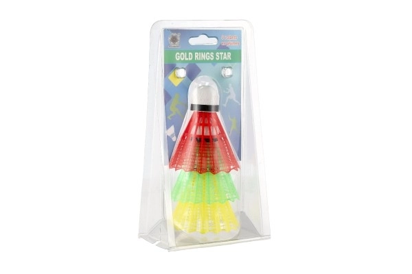 Shuttles/Kokers voor badminton kleurrijk plastic 3 stuks op kaart 11x21cm