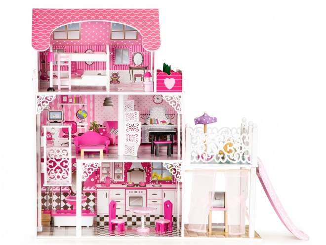 Houten poppenhuis met glijbaan