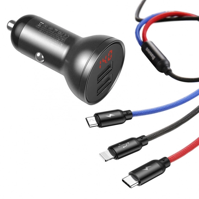 Baseus Car Charger with Display and USB 3 in 1 Cable 24W