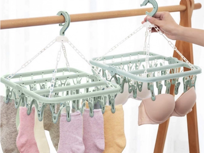 Hanging sock dryer and lingerie rack with 32 clips