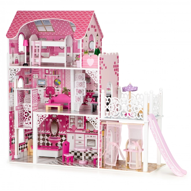 Houten poppenhuis met glijbaan