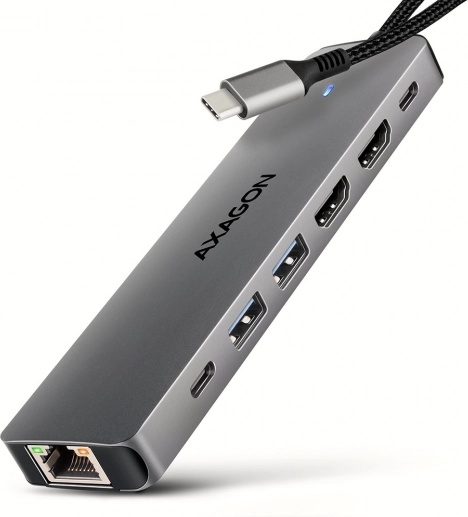 AXAGON HMC-7HX2 Mehrport USB‑C Hub 7‑in‑1 mit 2× HDMI 4K/60 Hz, 2× USB‑A, USB‑C, GLAN und PD 100 W