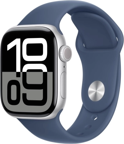 Watch Series 10 GPS, 42 mm aluminum case in silver with denim sport band size S/M