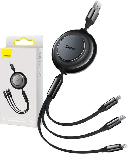 Retractable 3-in-1 charging and data cable Baseus Bright Mirror II, USB-A to Lightning/USB-C/micro USB, 3.5 A, 1.1 m, black
