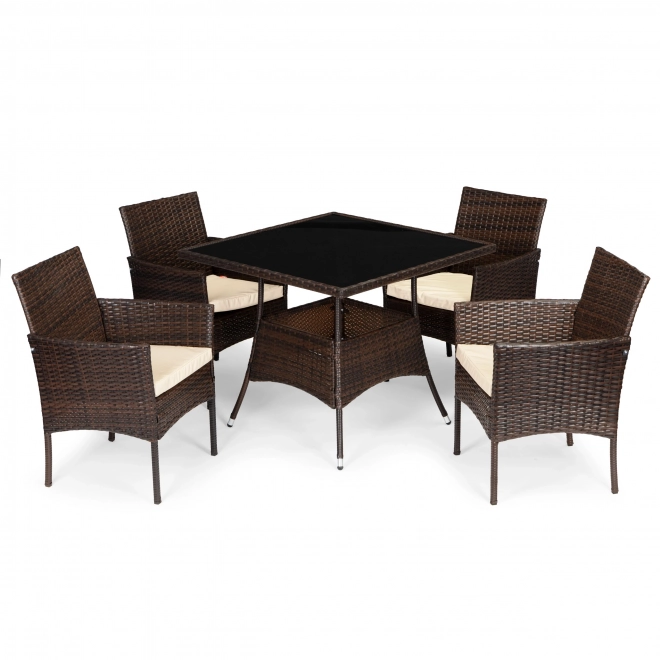 Tuin rattan meubels PREGASIO met 4 stoelen en tafel met glazen blad