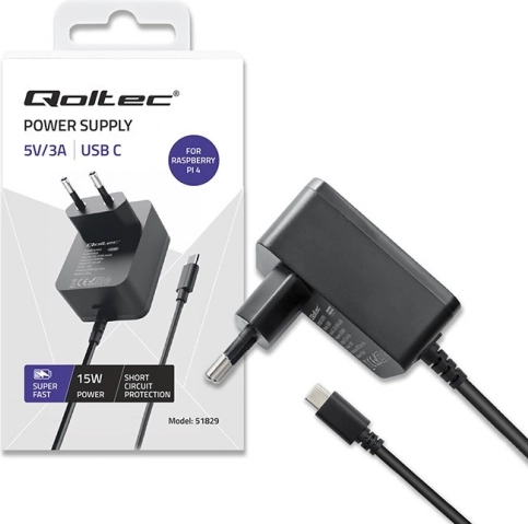 chargeur usb‑c 15 w pour raspberry pi 4 avec power delivery – noir