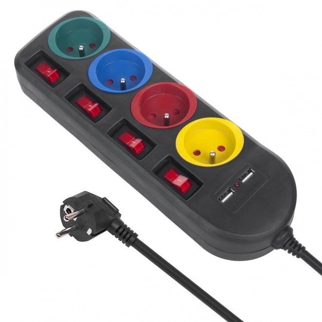 Verdeelstekker met schakelaar 4 stopcontacten + 2xUSB verlengkabel MCE229B zwart