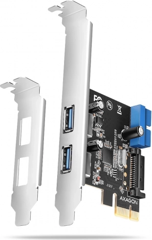 PCIe-Controller AXAGON mit 2× USB-A und 2× internem USB 5 Gbps, UASP, Low-Profile, SATA-Stromversorgung