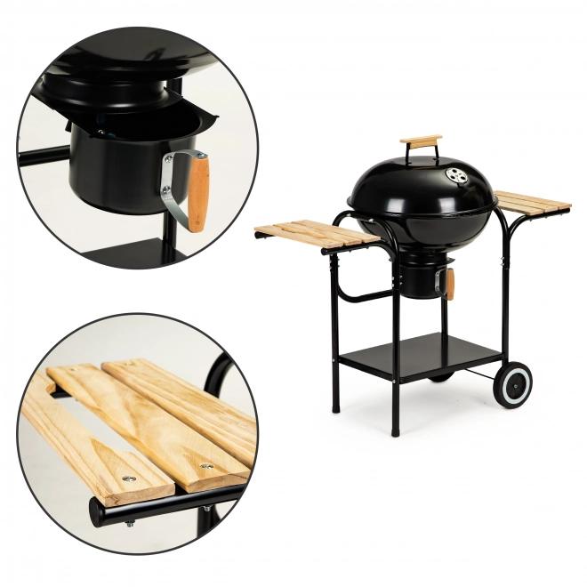 Tuinbarbecue op houtskool met deksel en planken, rooster en aslade