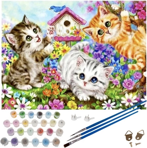 Peinture par numéros 40 × 50 cm – chatons sur toile avec cadre