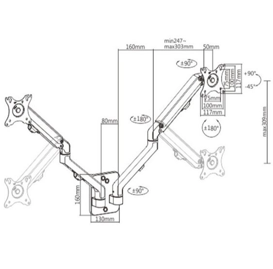Muurbeugel voor twee monitoren, 17-27 inch, draagvermogen 7 kg