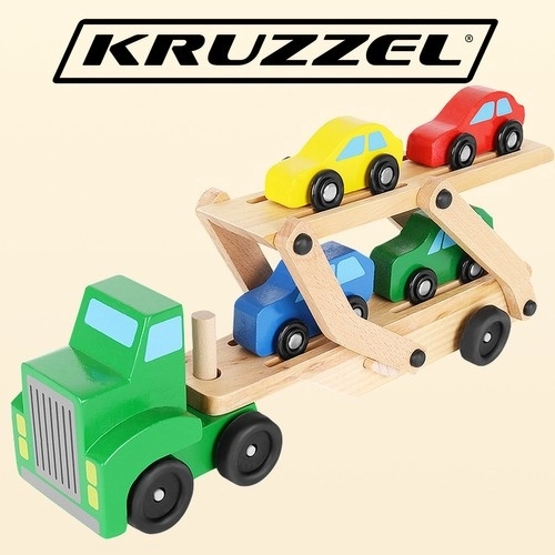 Houten vrachtwagen - aanhanger + set auto's 22698