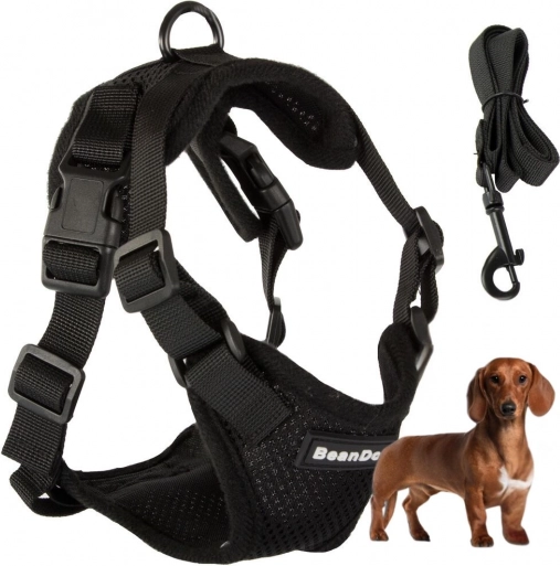Drukvrije, ademende tuig voor kleine honden, maat M, zwart met riem