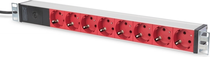 19″ rack-stekkerdoos DIGITUS, 8× rode schuko-stopcontacten, C14-invoer, kabel 2 m, 10 A, aluminium