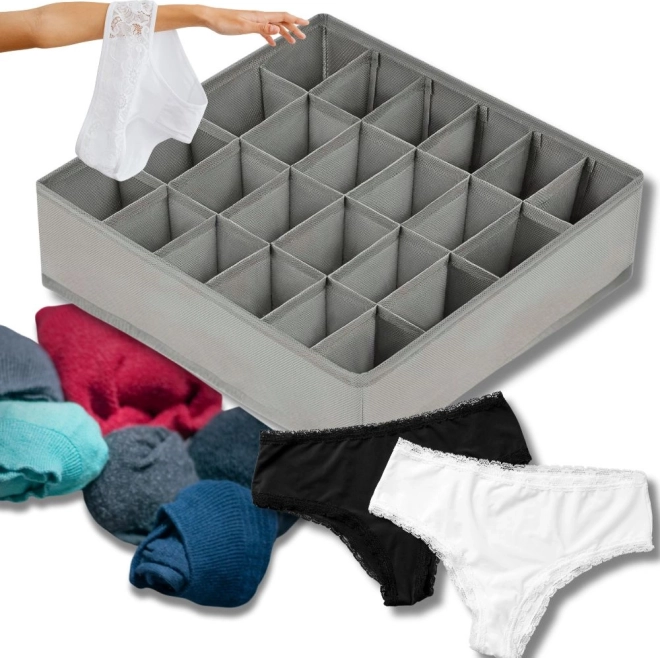 Drawer Organizer Grey for Socks and Laundry 24 Compartments