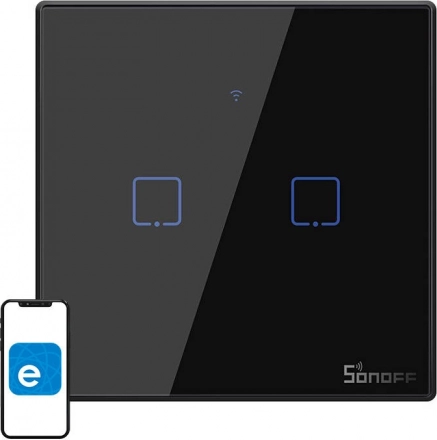 Interrupteur tactile intelligent SONOFF T3 EU, Wi‑Fi + RF 433, 2 canaux, noir