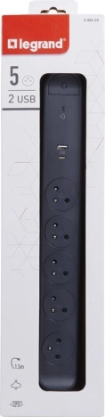 Stekkerdoos met verlengsnoer, 5 stopcontacten met USB A/C, 1,5 m, zwart