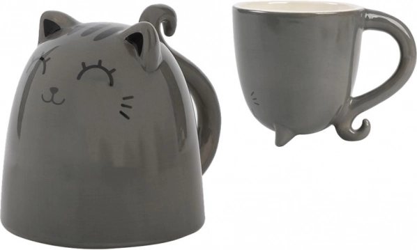 cat mug gray with tail as handle