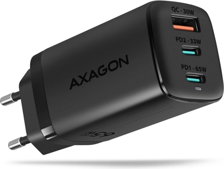 Netzladegerät AXAGON GaN 65W, 3 Ports (USB-A + 2× USB-C), PD 3.0/QC 4+, PPS, schwarz