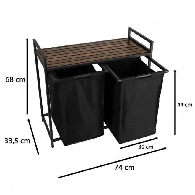 Dubbele wasmand met houten plank zwart Loft