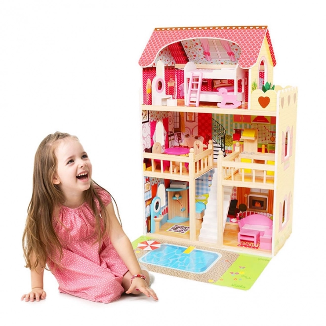 Houten poppenhuis, meubels, zwembad + verlichting ECOTOYS