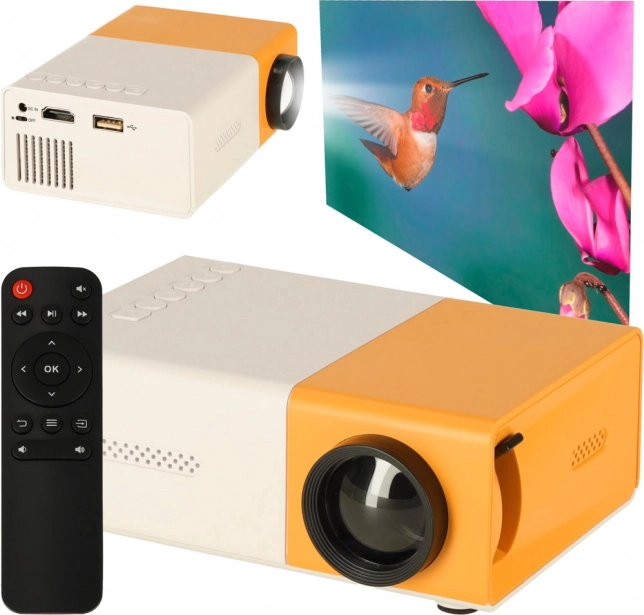 Mini LED Projector with TFT LCD, 24–60 inches, HDMI/USB, 1080p support – white‑orange