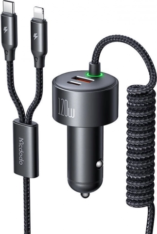 Macdodo 120W Kfz‑Ladegerät mit USB‑C und Lightning, einziehbare Kabel