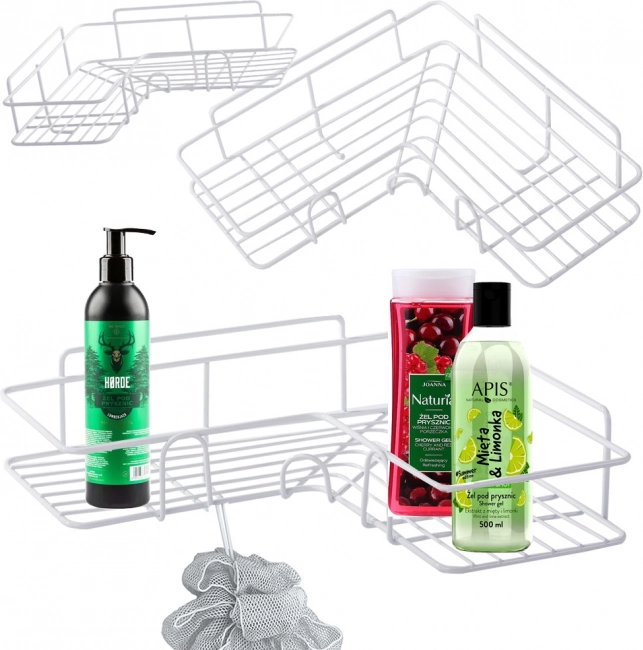 Corner shower shelf for bathroom with hooks, self-adhesive, white