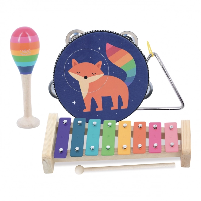 Set kindermuziekinstrumenten met dier- en regenboogmotieven