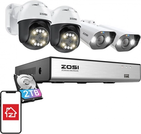 Set IP-camera’s ZOSI 2× C296 Wi‑Fi 5MP en 2× C182 Wi‑Fi 8MP met NVR 8 kanalen en 2TB HDD