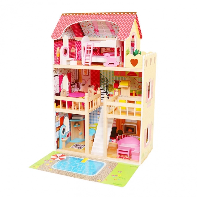 Houten poppenhuis, meubels, zwembad + verlichting ECOTOYS
