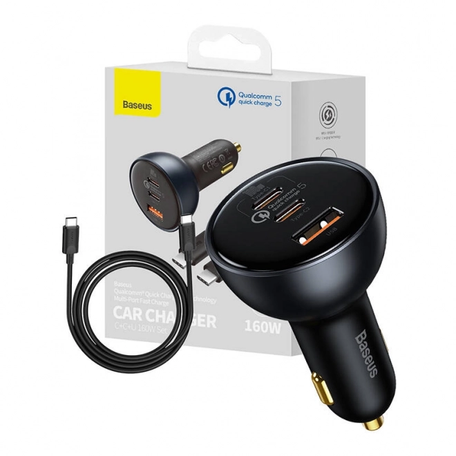 Auto-oplader Baseus Qualcomm, USB, 2x USB-C, 160 W (grijs)