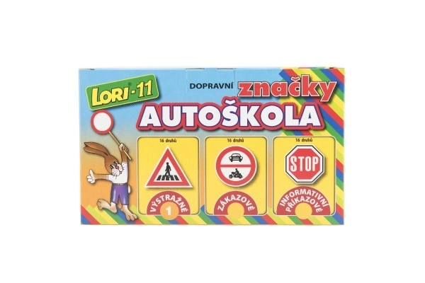 Bouwset LORI 11 Rijschool Verkeersborden 16 stuks+2 kegels+auto kunststof in doos 22x13x6cm