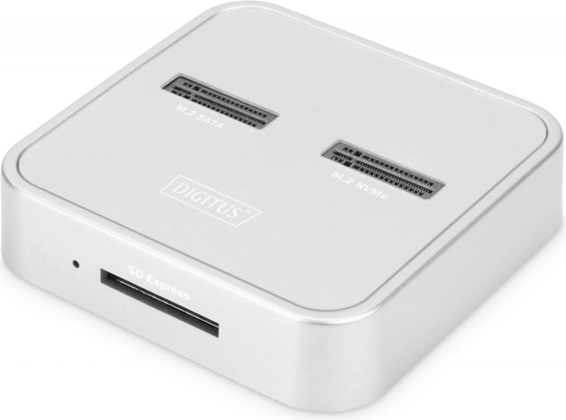 Tisch-Dockingstation für SSD M.2 NVMe und M.2 SATA mit SD‑Express‑Leser, USB‑C, silber