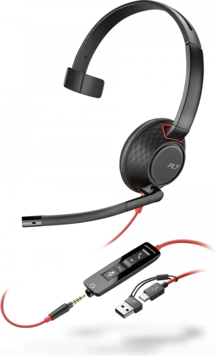Einseitiges Headset POLY Blackwire 5210 USB‑C mit 3,5‑mm‑Klinke und USB‑C/USB‑A Adapter