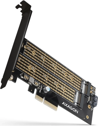 Interner PCIe-x4-Adapter für 2× M.2 – NVMe M‑Key + SATA B‑Key, volle und niedrige Blende